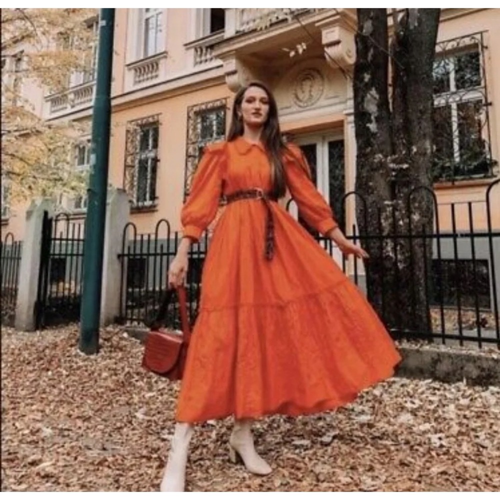 Zara Orange Eyelet Embroidered Ruffle Tiered Midi Dress Puff Sleeve Small